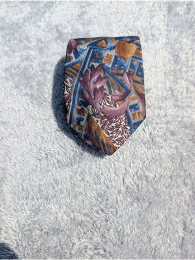 Boston Traders Mens Silk Tie With Abstract Floral & Geometric Design Purple & Bl